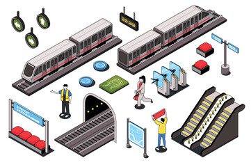City subway 3d isometric mega set. Collection flat isometry elements and people of underground metro station, trains on railway, direction signboard, route map, waiting seats. Vector illustration.