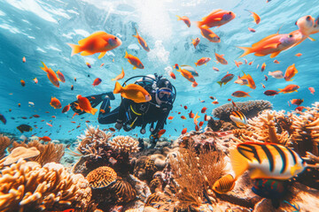 Naklejka premium A scuba diver is gracefully moving through the vibrant ocean, surrounded by colorful fish