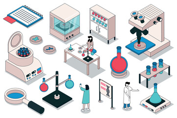 Science laboratory 3d isometric mega set. Collection flat isometry elements and people of scientific experiment equipment, test tubes, microscope analysis, genetic engineering. Vector illustration.