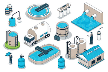 Water purification 3d isometric mega set. Collection flat isometry elements and people of wastewater cleaning plant, filtration pool, tank reservoir, pump station, transportation. Vector illustration.