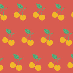  Seamless background with yellow cherries on a red background. Vector illustration.