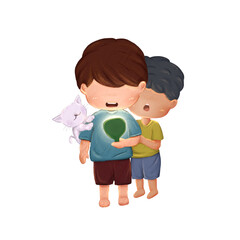 Two children and a cat