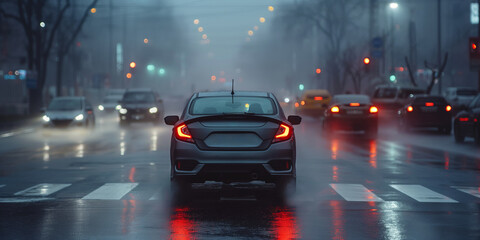 Gray car driving along a foggy city street in rainy weather