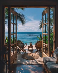 Obraz premium a small modern house interior in the middle on a small tropical island in the ocean.