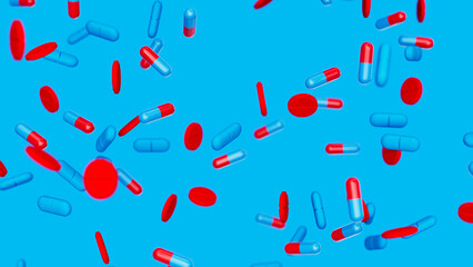 Red blue capsules, tablets and pills against blue backdrop. Drugs, pills, tablets, medicine concept. 3d render illustration