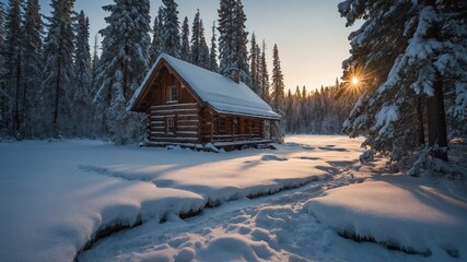 Obraz premium Cozy wooden cabin nestles amidst snowy landscape, surrounded by tall, snow-covered pine trees. Golden rays of setting sun pierce through forest, casting warm glow that contrasts with cold.
