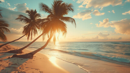 Two Palm Trees on the Beach at Sunset
