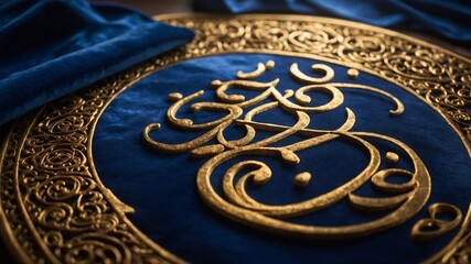 Golden, intricate designs adorn deep blue, velvet surface. Centerpiece elegant calligraphy, surrounded by detailed patterns that exhibit high level of craftsmanship. Rich texture.