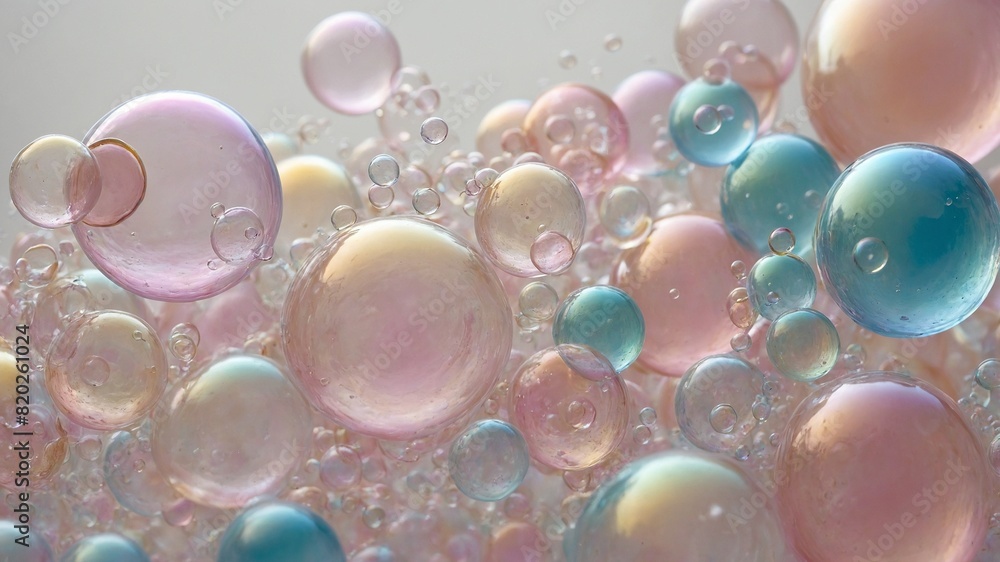 Poster colorful bubbles of various sizes float gracefully, creating mesmerizing visual effect. translucent 