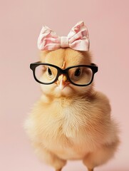 high quality portrait of a cute little chicken in black eye glasses and bow isolated on light colored background