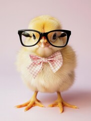 high quality portrait of a cute little chicken in black eye glasses and bow isolated on light colored background
