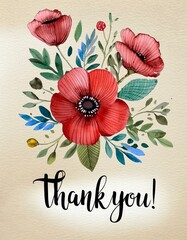 Thank You Message - Hand Lettering of Thankful Card or Gift Card for Print - Social Post for Appreciation - Watercolored Leaves and Flowers