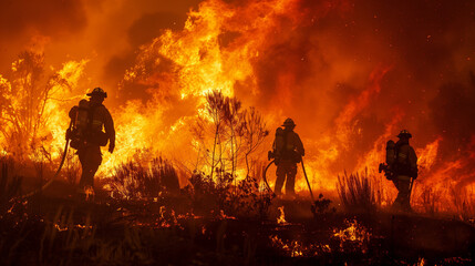 Fototapeta premium Group of Firefighters Standing in Front of a Fire