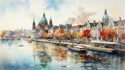 Historic Watercolor Cityscape with River and Boats, Watercolor painting of historic cityscape featuring famous landmarks,