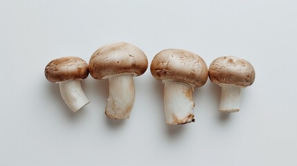 Fototapeta premium Fresh Cremini Mushrooms on White Background, Minimalist Style, Top View, Organic Edible Fungi, Isolated Composition, Copy Space