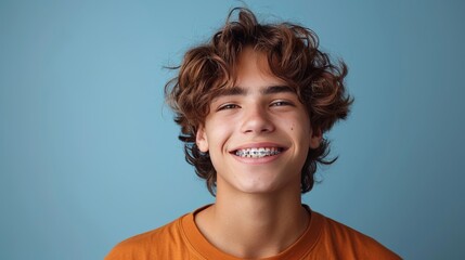 Happy teenager with braces smiling on blue background   orthodontic concept with vibrant colors