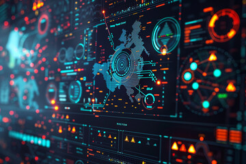 Obraz premium An intricate digital network display, showcasing a cybersecurity expert's response to cyberattacks, with real-time monitoring of firewalls