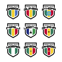 Vector set of sport logo with national teams. Football sings for tournament isolated on white background. Gabon, Guinea, Ethiopia, Mali, Lesotho, Ghana, Nigeria, Senegal, Cameroon.