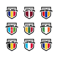 Vector set of sport logo with national teams. Football sings for tournament isolated on white background. Moldova, Latvia, Lithuania, Azerbaijan, Ireland, Armenia, Belgium, Luxembourg, Romania