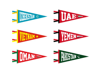 Vector set sport pennants of countries in Asia. Uzbekistan, UAE, Vietnam, Yemen, Oman, Pakistan
