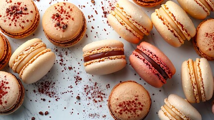 A group of macarons with chocolate and sprinkles.