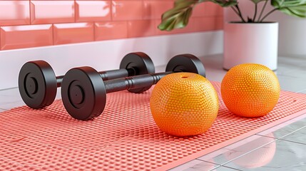 A pair of dumbbells and an orange on a mat.