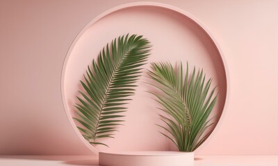 Fototapeta premium Modern Pastel Pink Podium with Delicate Green Palm Leaves in Minimalist Setting 