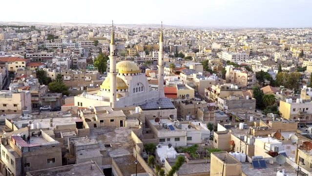 View of downtown Madaba in Jordan with the Central Mosque