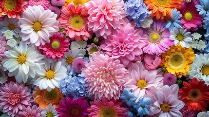 A colorful bouquet of flowers with a variety of colors including pink, blue