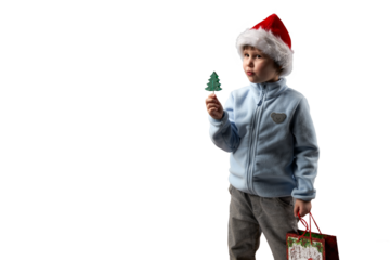 Christmas. A child wearing a Santa Claus hat holds a green lollipop on a stick in the shape of a Christmas tree. Png.