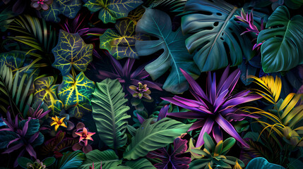Assorted Green and Purple Leaves on Black Background