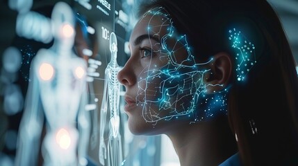 A woman is looking at a computer screen with a face on it
