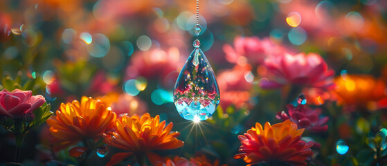 Award Winning national geographic Leading line, a single teardrop shaped crystal hangs suspended in mid air, reflecting a vibrant garden in miniature Minimal background with a soft