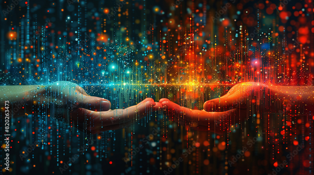Poster human hands touch against the background of connecting to the big data network