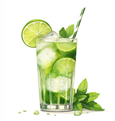 Watercolor illustration of soju with lime juice and mint leaves, a beloved korean distilled beverage on white background