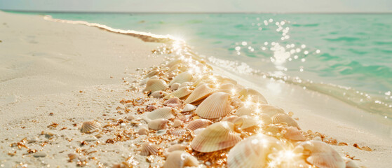 Award Winning national geographic Leading line, a trail of shimmering seashells winds along a pristine beach, glowing with an inner light whimsical, background with a turquoise oce