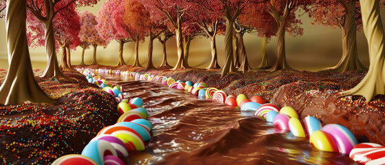 Award Winning national geographic Leading line, a winding chocolate river flows through a whimsical candy forest, lollipop trees lining its banks High Quality, High Clarity, Sharp