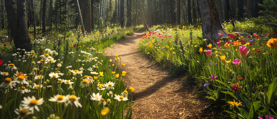 Obraz premium Award Winning national geographic Leading line, a winding forest path dappled with sunlight leads towards a clearing filled with vibrant wildflowers in bloom whimsical, background