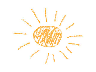 Sun pencil drawn isolated on white. Charcoal kids illustration. Sunny summer holidays simple icon. Doodle abstract drawing. Funny childish scribble element for design