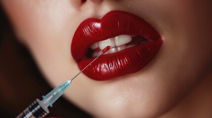 Obraz premium A woman with red lips getting a botox injection during a cosmetic procedure