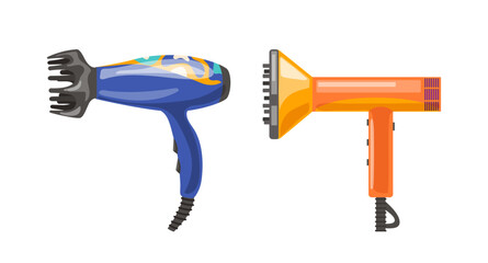 Professional hair dryer with brush nozzle diffuser attachment for volume hairdressing isolated set