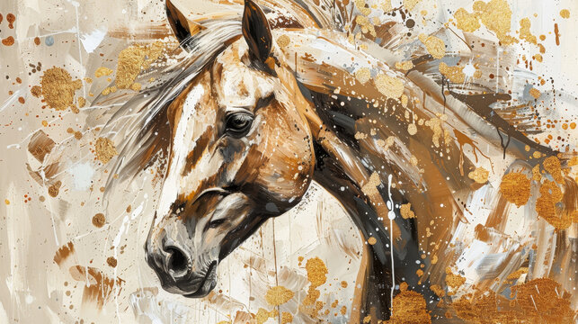 A painting of a horse with gold paint on it