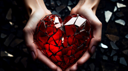Womans hands are holding a red broken glass heart. A shattered heart symbolizing heartbreak, broken relationship and emotional pain. Concept of lost love or betrayal.