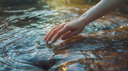 A female hand touching the river water 