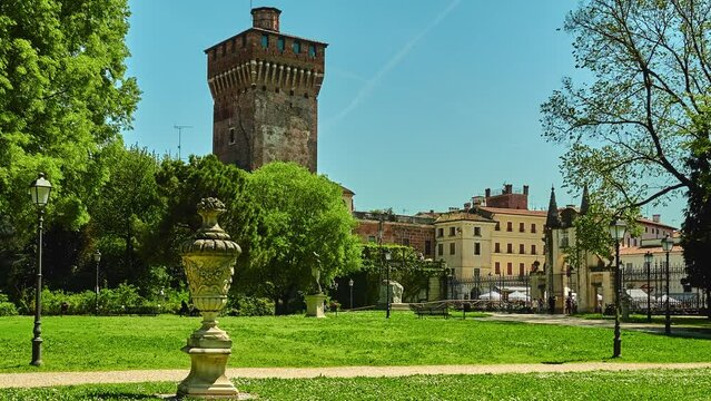 Scaliger Tower of Porta Castello and park Salvi gardens. Valmarana Salvi gardens located in historic center of Vicenza, Italy, adjacent to walls of Piazza Castello, in Piazzale De Gasperi.