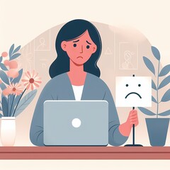 Workplace Stress: Illustration of Woman at Desk with Sad Expression Holding Frown Sign