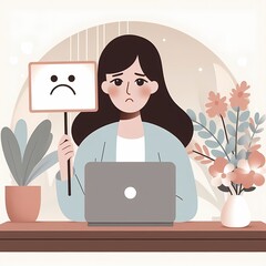 Workplace Stress: Illustration of Woman at Desk with Sad Expression Holding Frown Sign