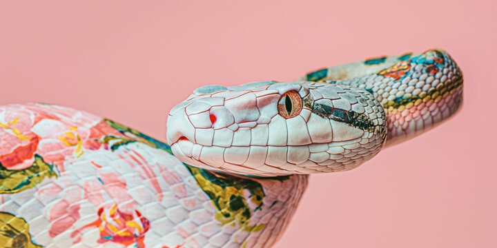 real snake with vibrant floral patterns photographed on a pink background