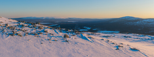 Panoramic scenery to the landscape from the top of the fell in Levi, Finland's Lapland