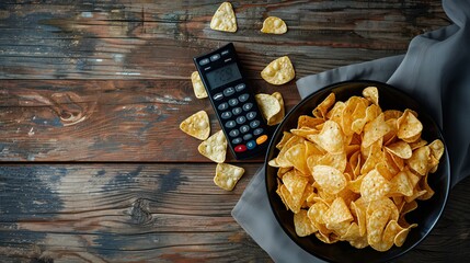 Chips and tv remote control on a natural wooden table. Concept of watching a movie or video at home. top view 